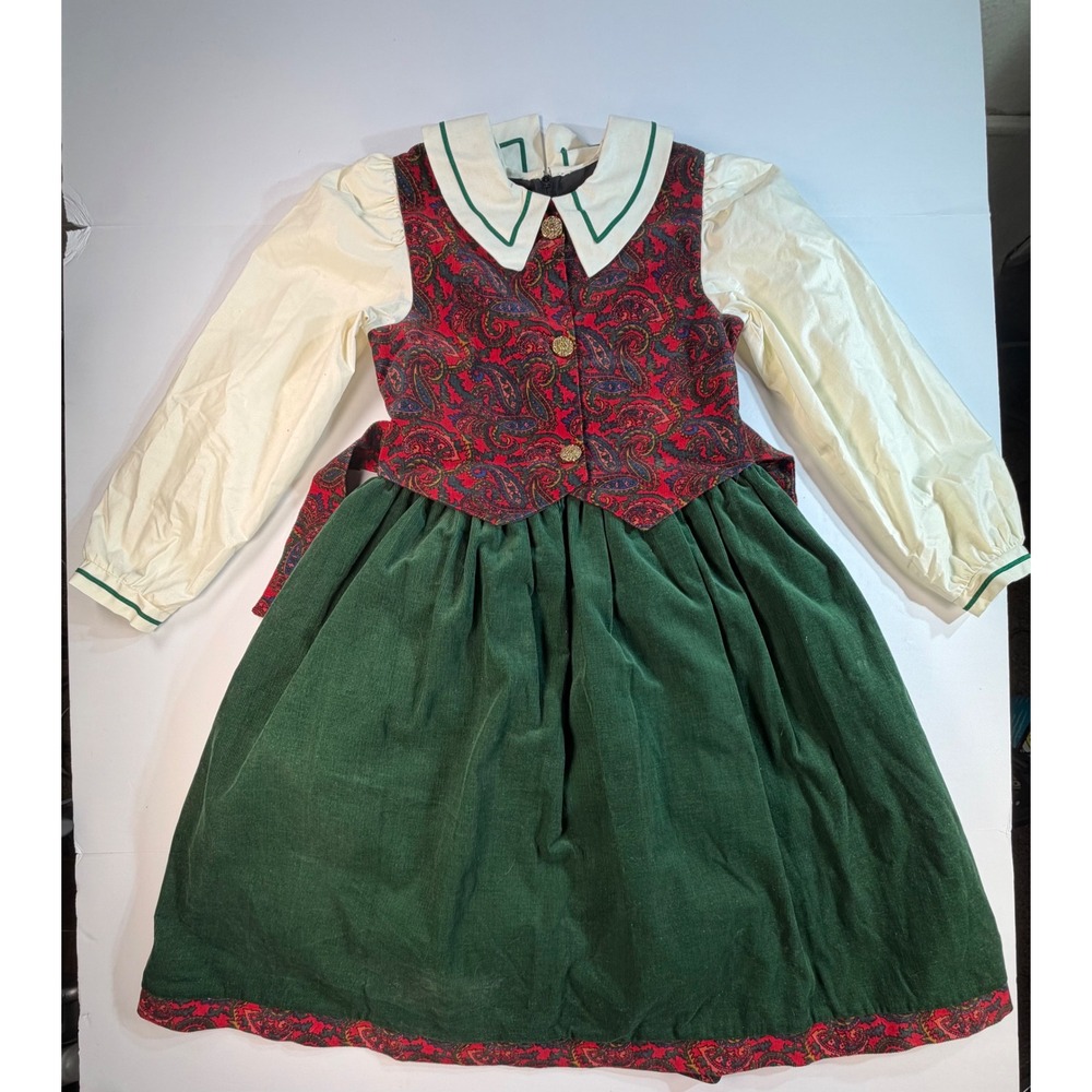 Vintage Girls Paisley Corduroy Dress Green Red Long Sleeve Size 10 Cottagecore